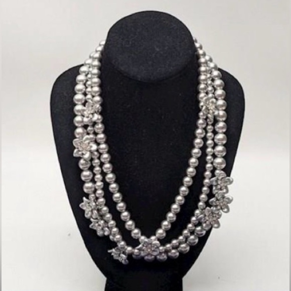Ann Taylor Triple Strand Silver Pearl Necklace with Floral Accents - Picture 2 of 5